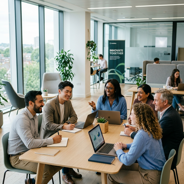 Equipe colaborando em ambiente saudável